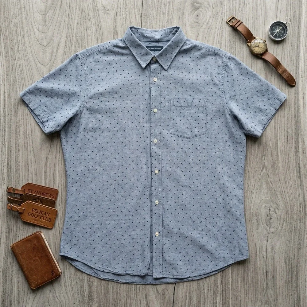 Banana Republic Mens XL Linen Blend Short Sleeve Button Up Shirt Blue Geometric